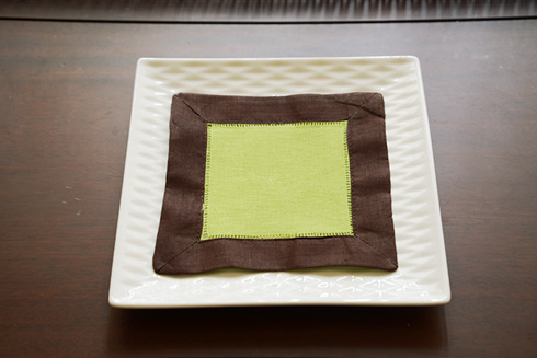 Multicolor Hemstitch cocktail napkin 6". Lime Green & Chocolate